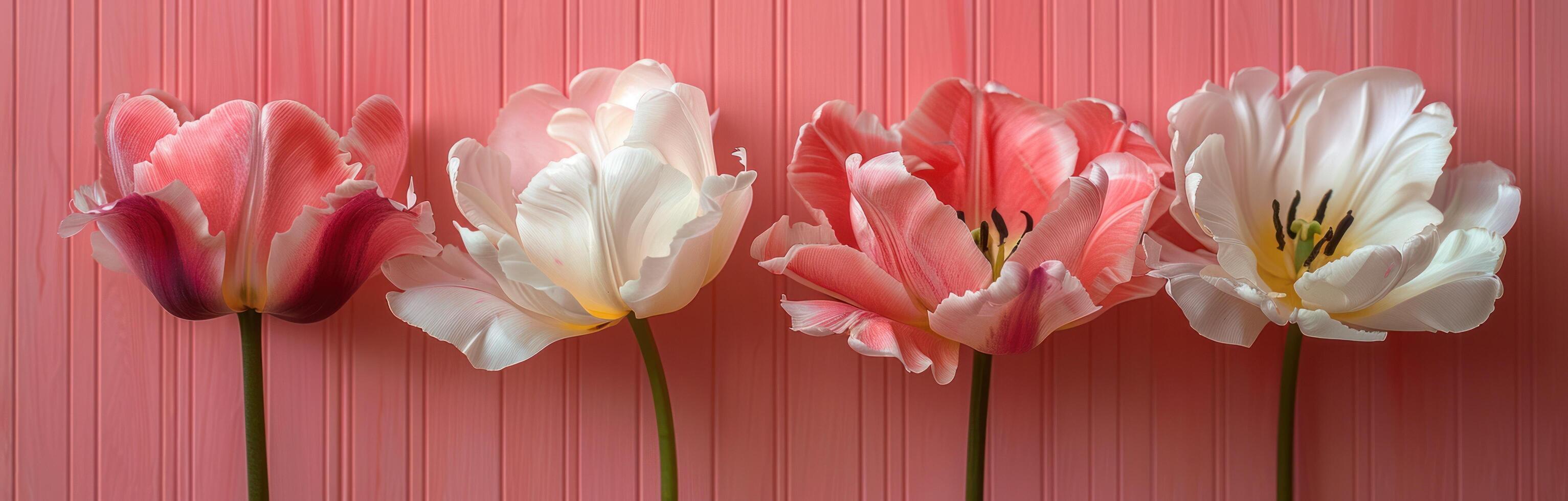 ai generiert Tulpen und Azalee Blumen im ein Rosa und braun Streifen auf ein Rosa Hintergrund foto