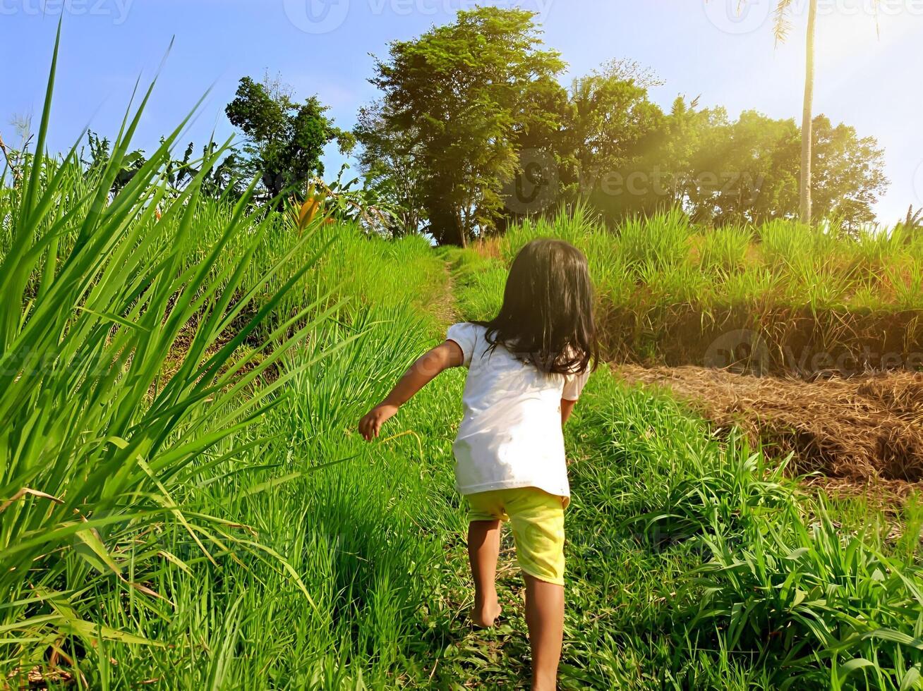 glücklich wenig Mädchen Laufen durch Grün Gras mit Strahlen von Sonnenlicht. Konzept von Kindheit Traum Glück und glücklich Familie. foto