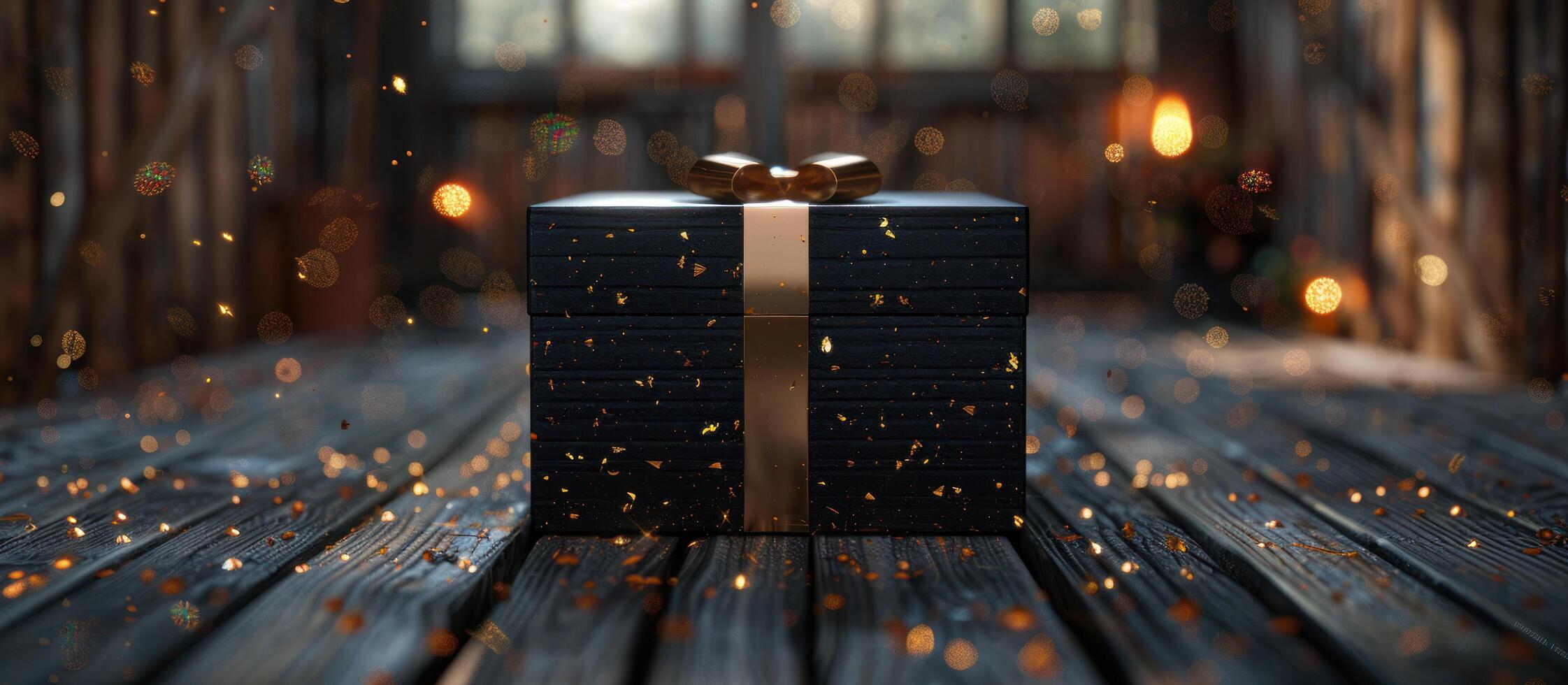 ai generiert ein schwarz Geschenk Box mit golden funkelt auf ein hölzern Hintergrund foto