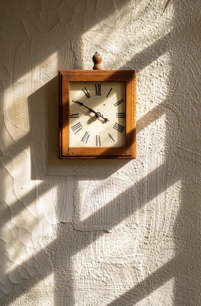ai generiert ein Uhr ist gegenüber Nieder auf zu ein Weiß Wand, im das Stil von leuchtend Schatten foto