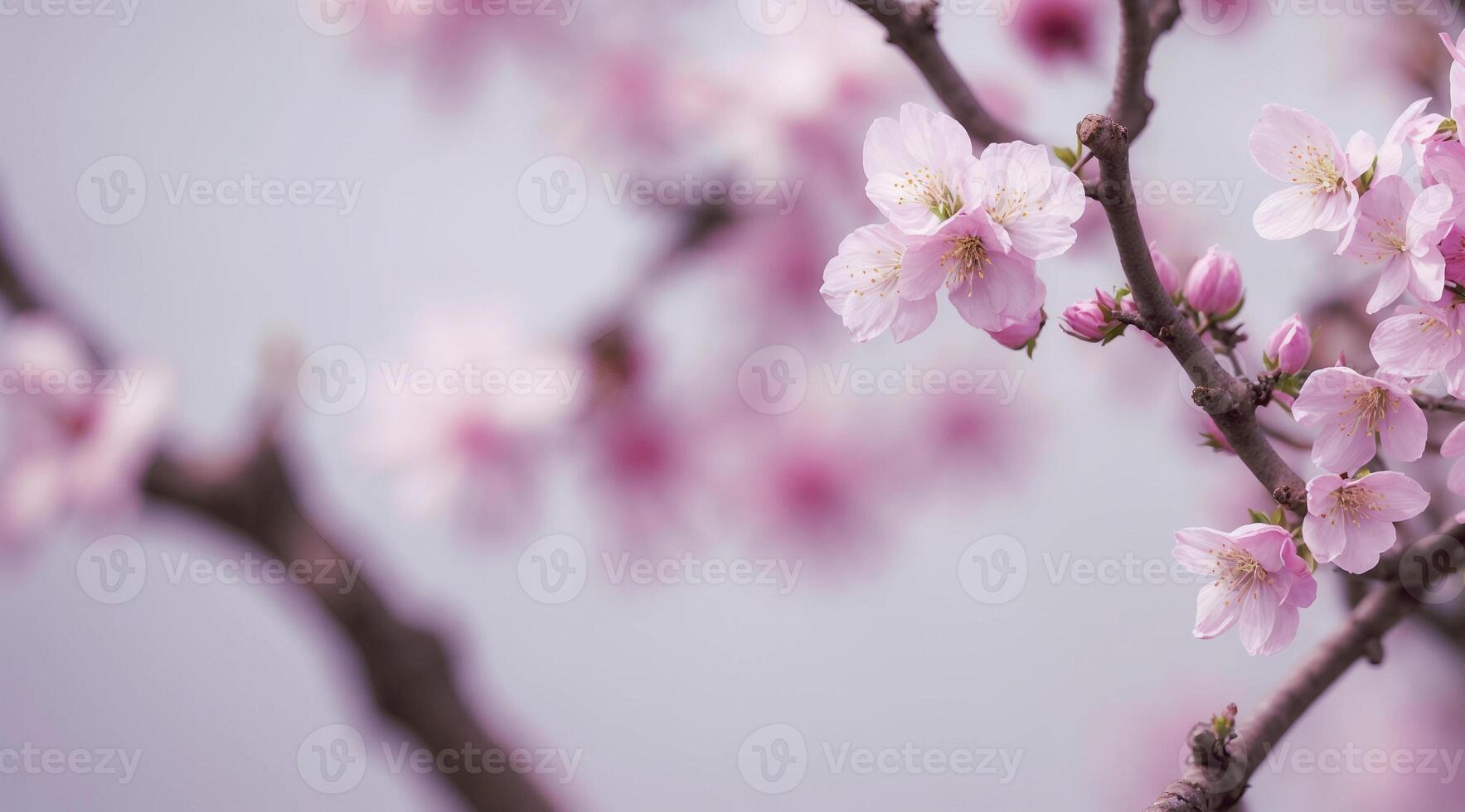 ai generiert Blühen Kirsche Baum Geäst Weiß Blumen Nahansicht auf verschwommen abstrakt Hintergrund. foto