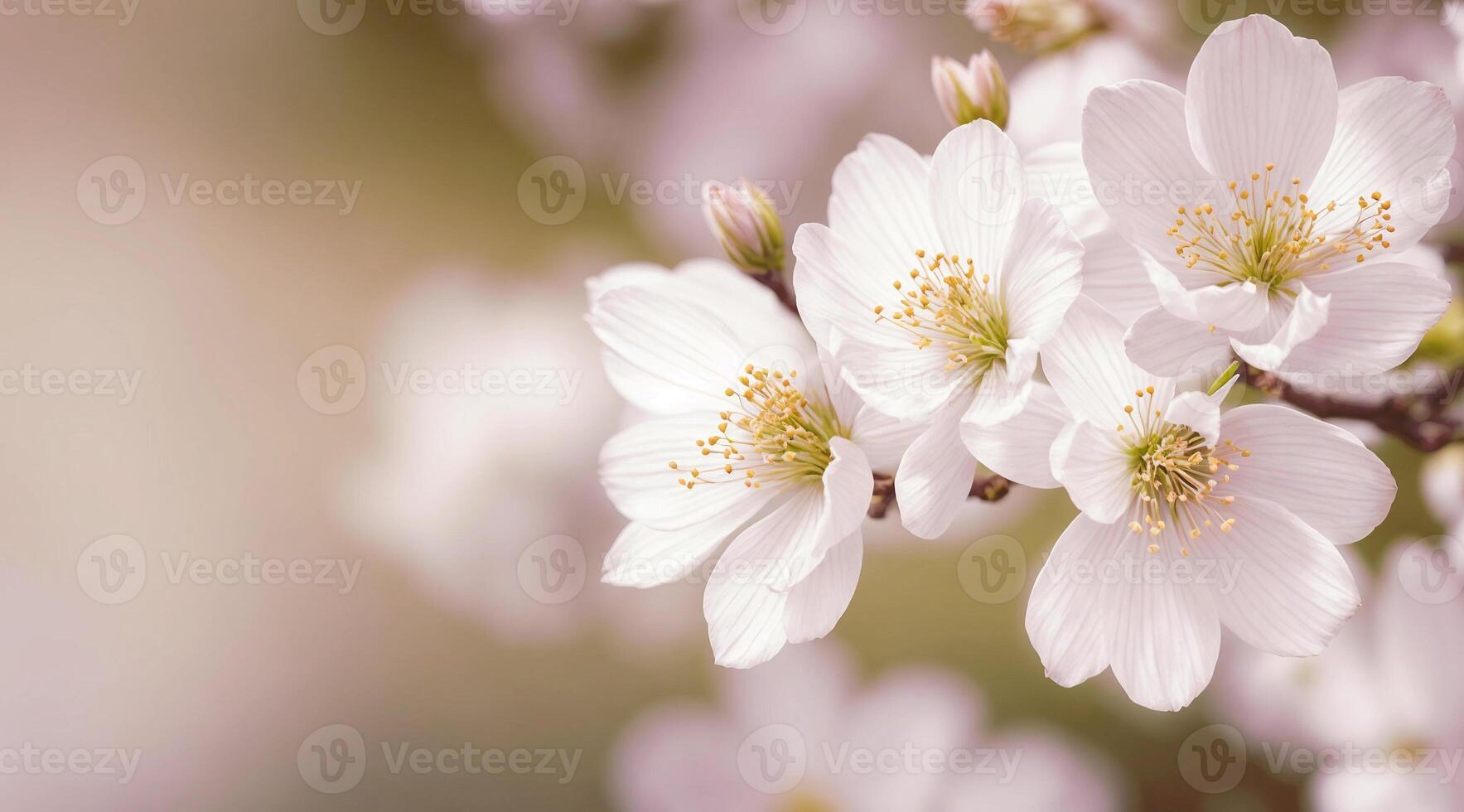 ai generiert Blühen Kirsche Baum Geäst Weiß Blumen Nahansicht auf verschwommen abstrakt Hintergrund. foto