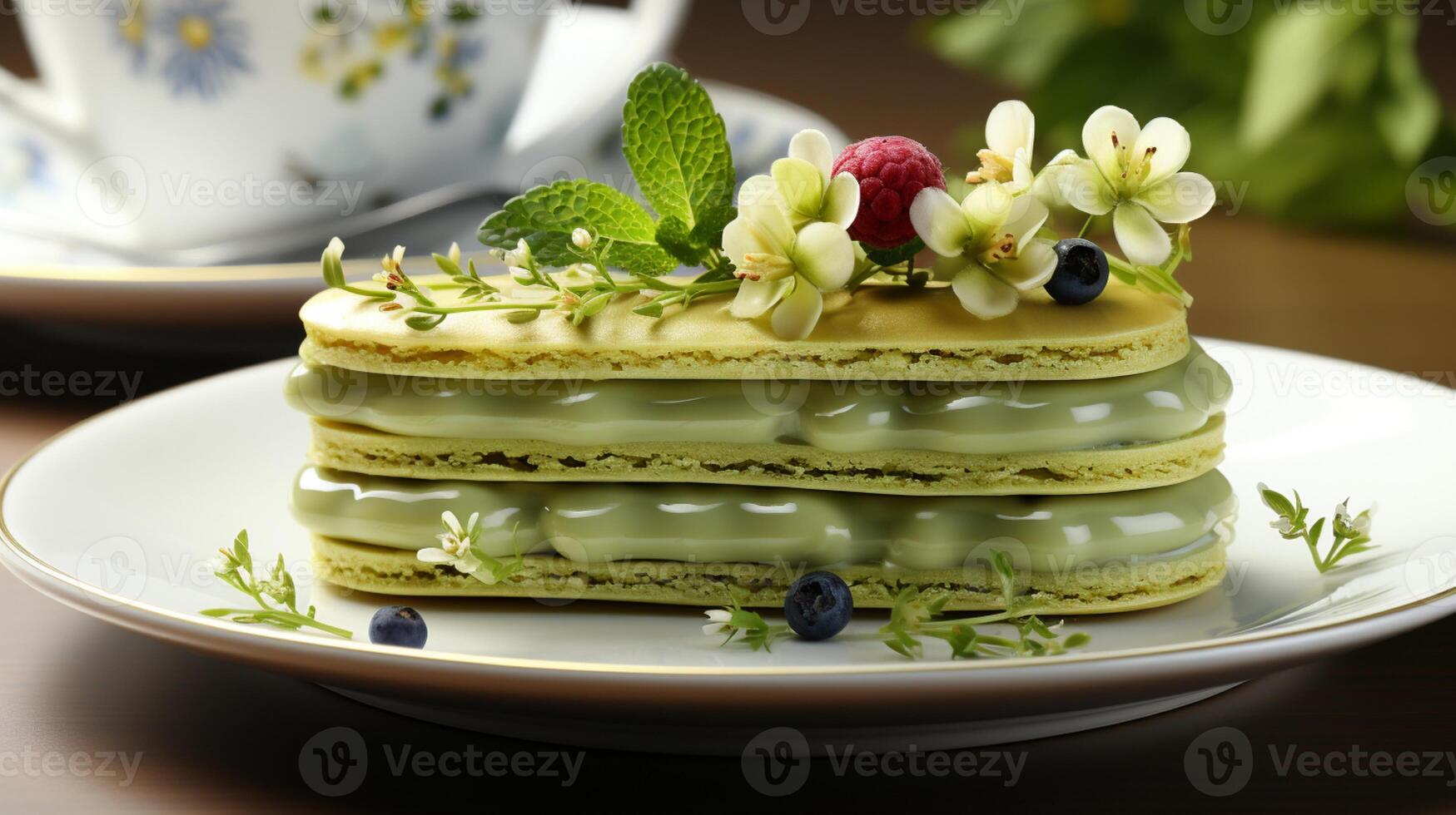 ai generiert Matcha Törtchen Gebäck Dessert Snack zum Tee Zeit foto