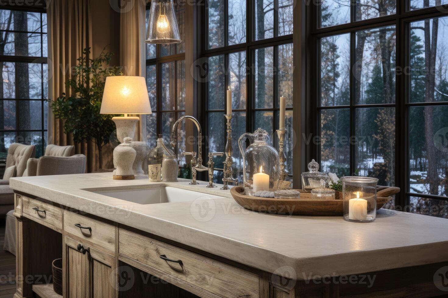 ai generiert ein europäisch Stil Küche Innere Design mit hoch Fenster Werbung Fotografie foto