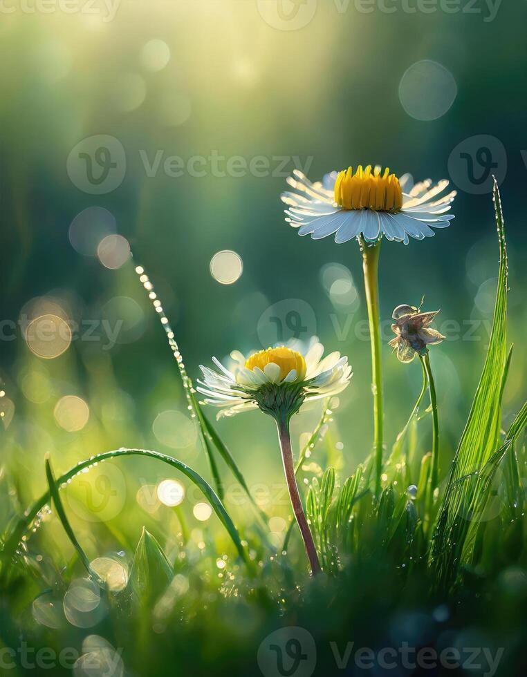 ai generiert schön Hintergrund von feucht Grün Gras beim Dämmerung mit Sonne funkelt und Bokeh foto