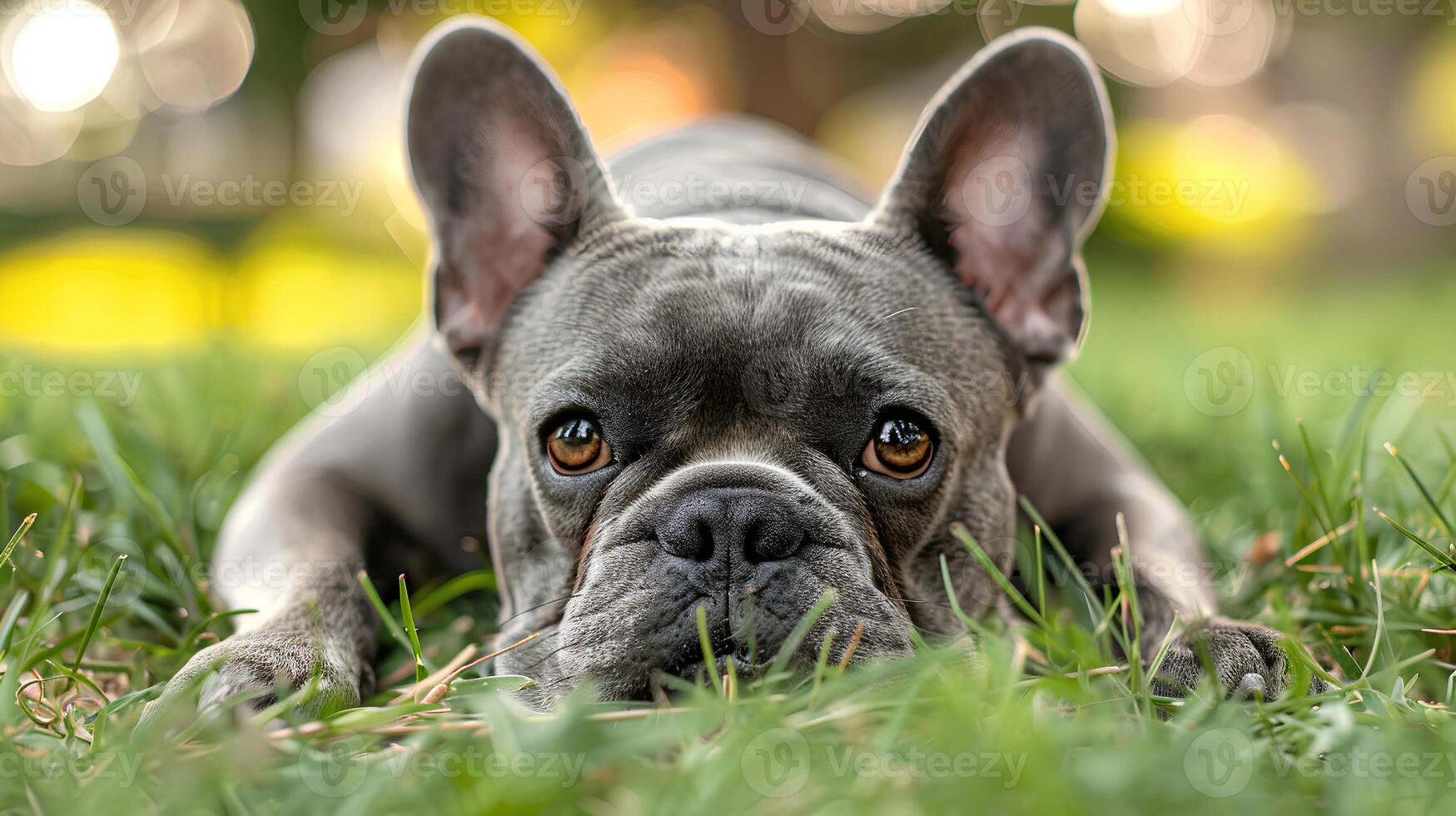 ai generiert lächelnd Gesicht süß schön Französisch Bulldogge Lügen auf das Gras im ein Sommer- Park, komisch schön Haustier Hund, Hund auf das Hintergrund von Natur. foto