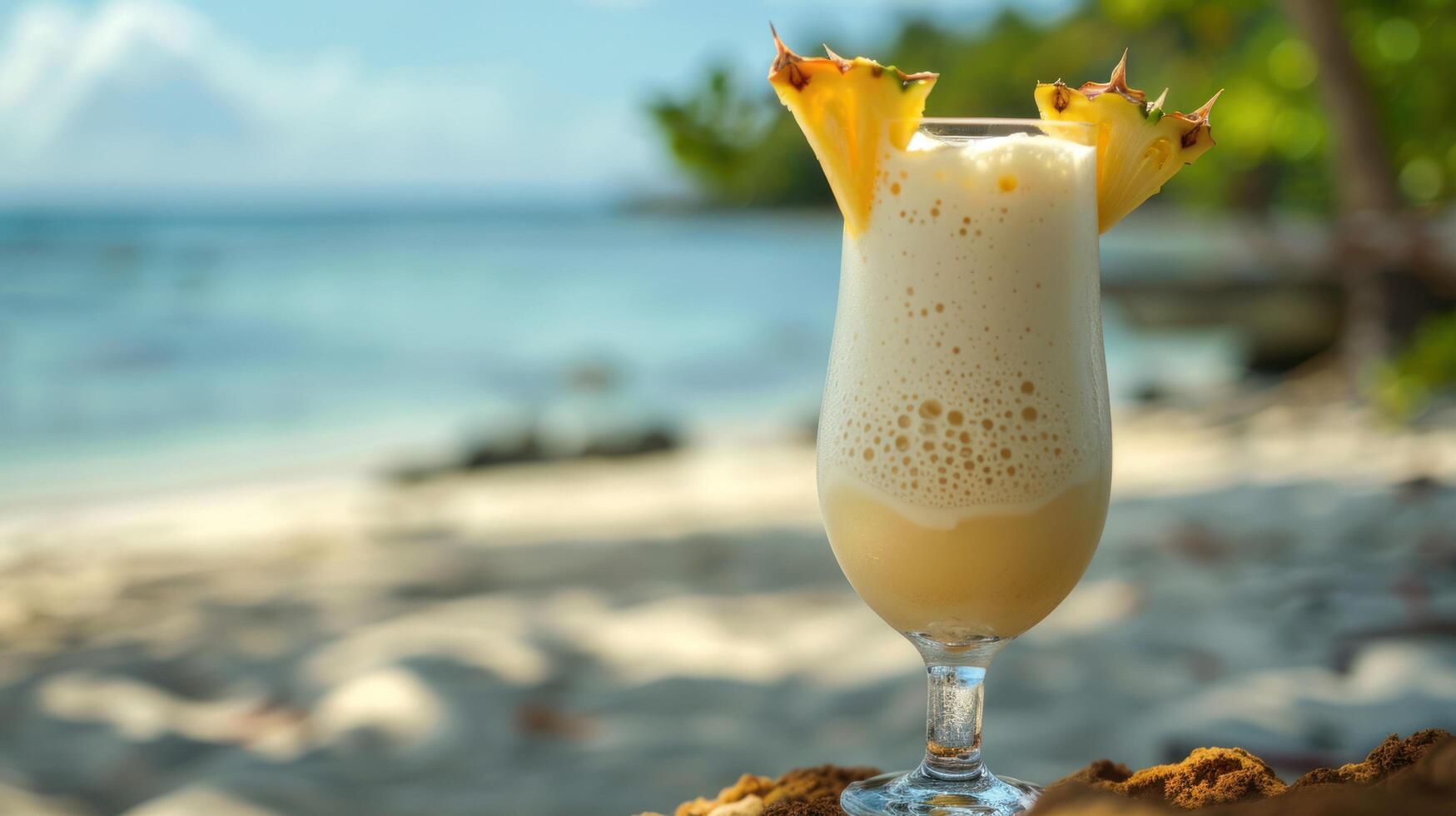 ai generiert ein Pina Kolada, mit Kokosnuss Creme, Ananas Saft, und Rum, vermischt mit Eis bis um glatt foto