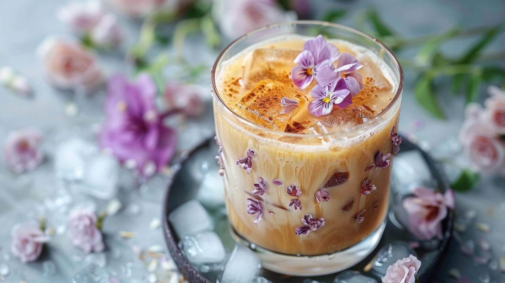ai generiert ein vereist Kaffee mit Blumen- Eis Würfel, Hinzufügen ein berühren von Eleganz zu das trinken foto