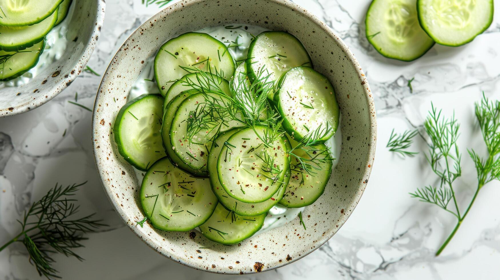 ai generiert ein Gurke Dill Salat, präsentieren knackig Gurke Scheiben, scharf griechisch Joghurt foto