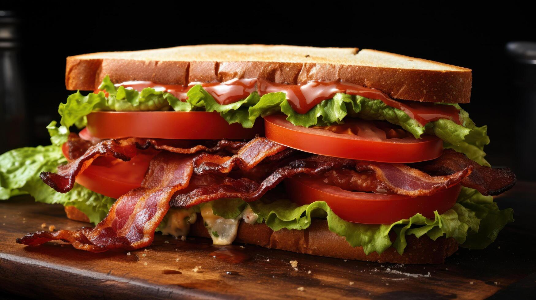 ai generiert ein klassisch blt Sandwich, mit knusprig Speck, frisch Kopfsalat, und saftig Tomaten auf getoastet Brot foto