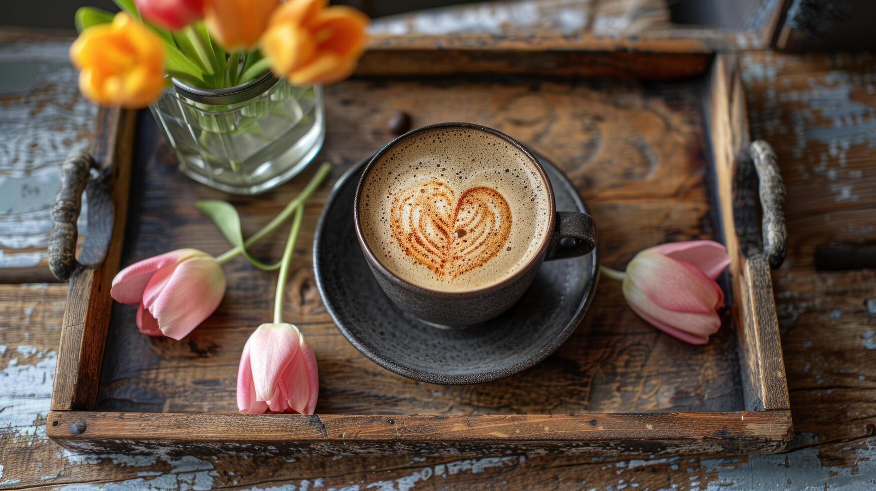 ai generiert ein Kaffee Tasse mit ein herzförmig Schaum, serviert auf ein hölzern Tablett mit ein Vase von Frühling blüht foto
