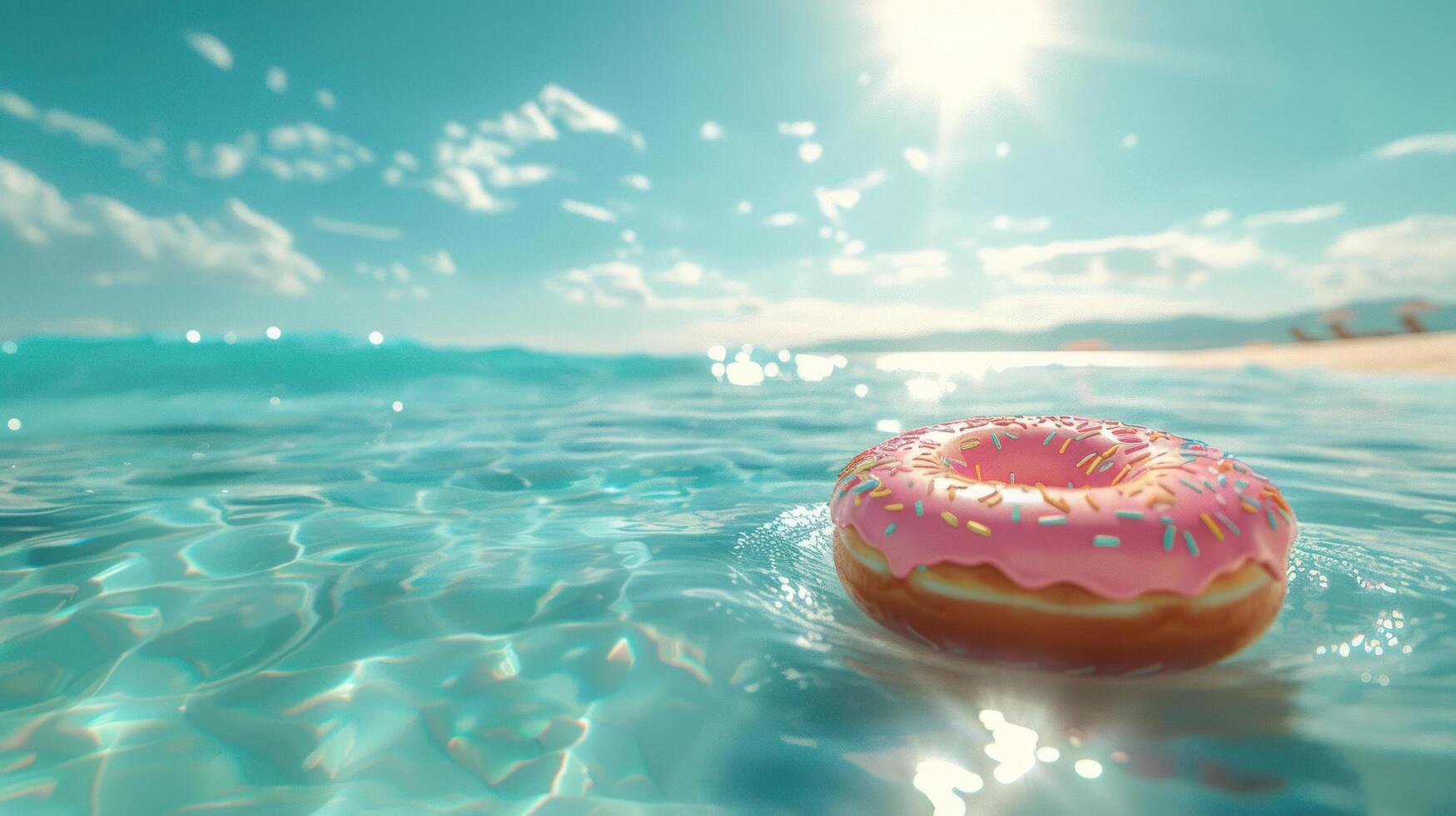 ai generiert ein modisch Krapfen schweben sanft landet auf das funkelnd klar Schwimmbad Wasser unter das hell Sonne foto