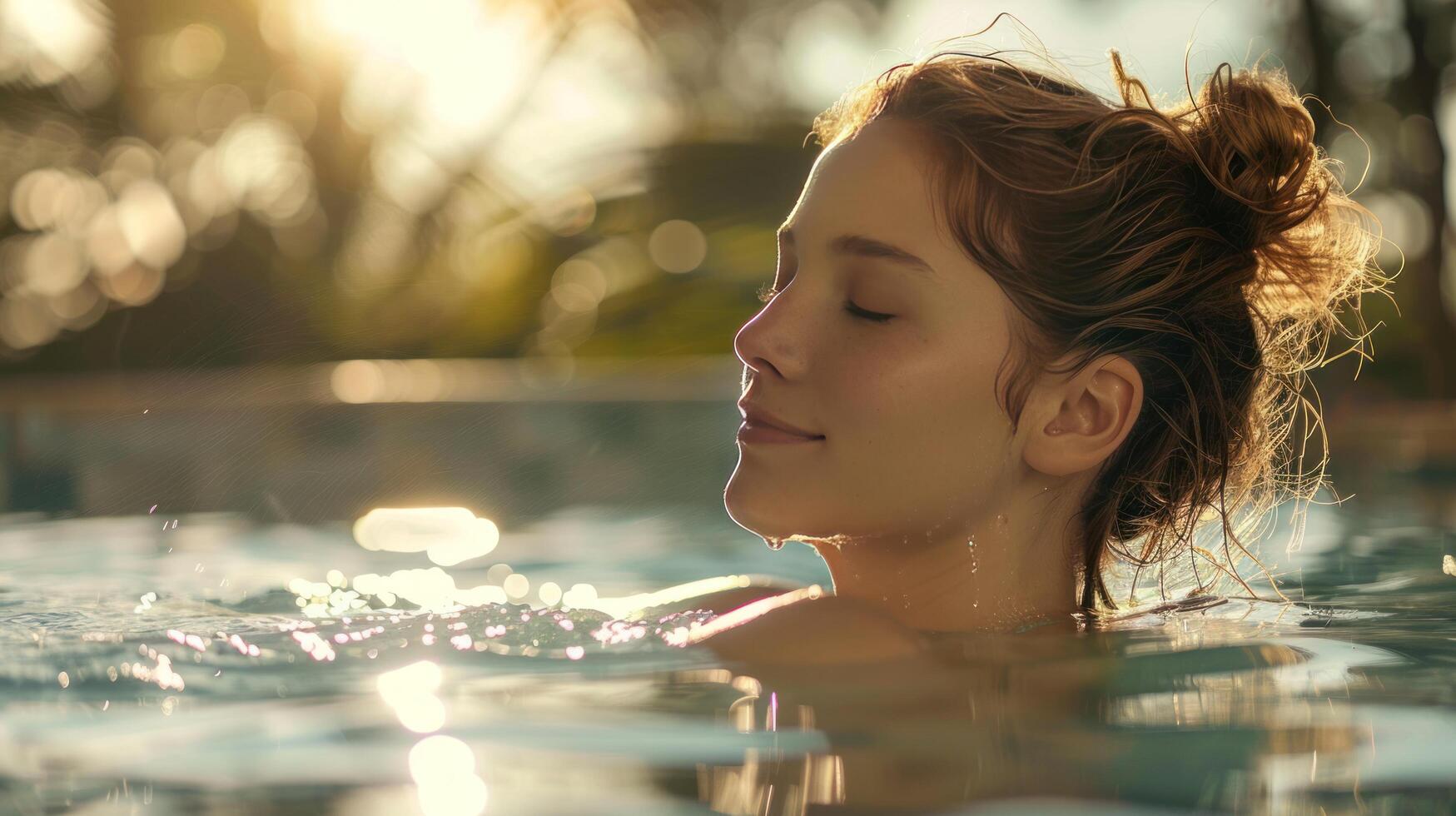 ai generiert Schönheit und Körper Pflege. ein jung Frau genießen ein entspannend Moment im ein draussen Spa Schwimmen Schwimmbad foto