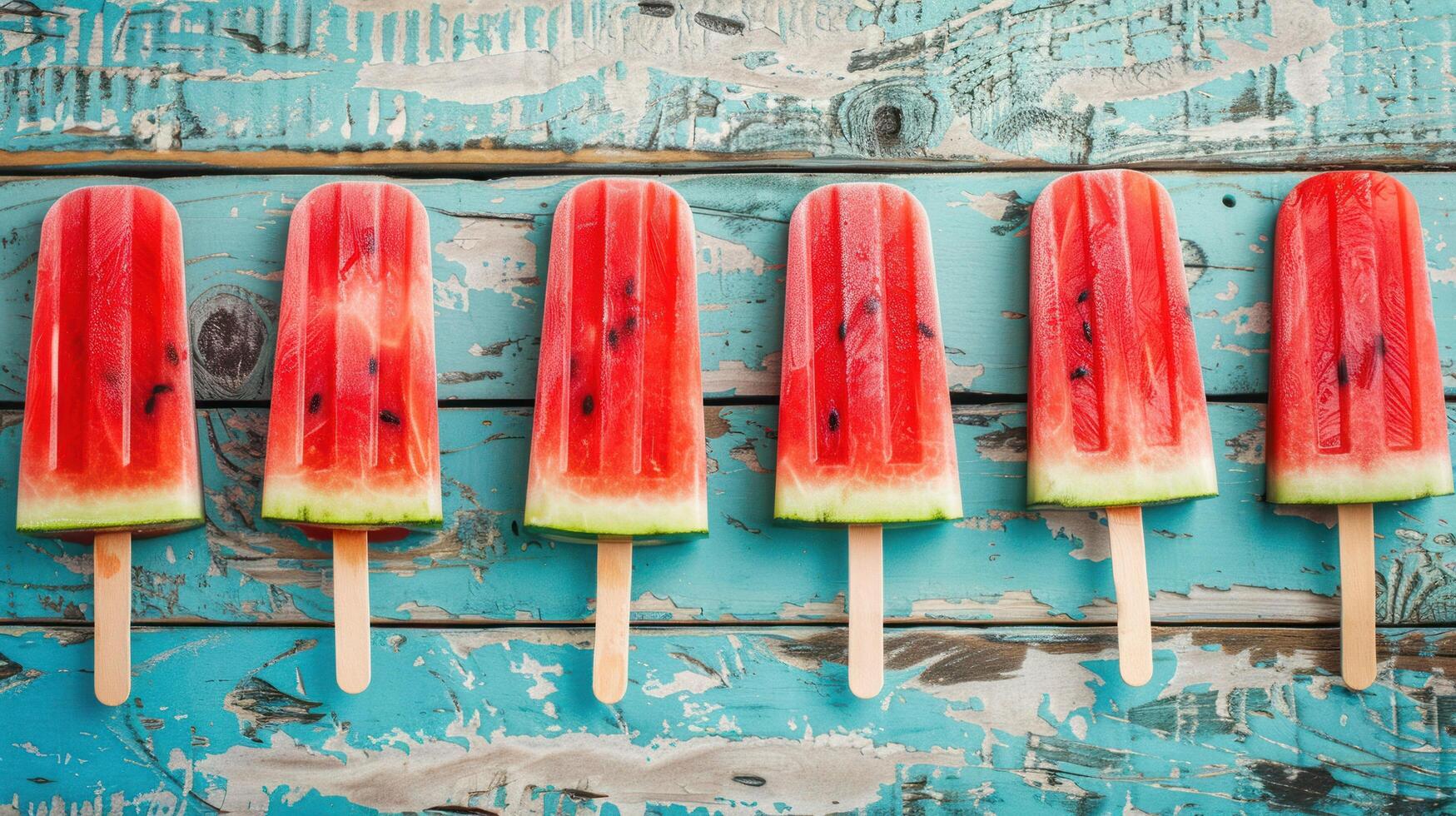 ai generiert Wassermelone Scheibe Eis am Stiel angezeigt auf ein rustikal Blau Holz Hintergrund foto