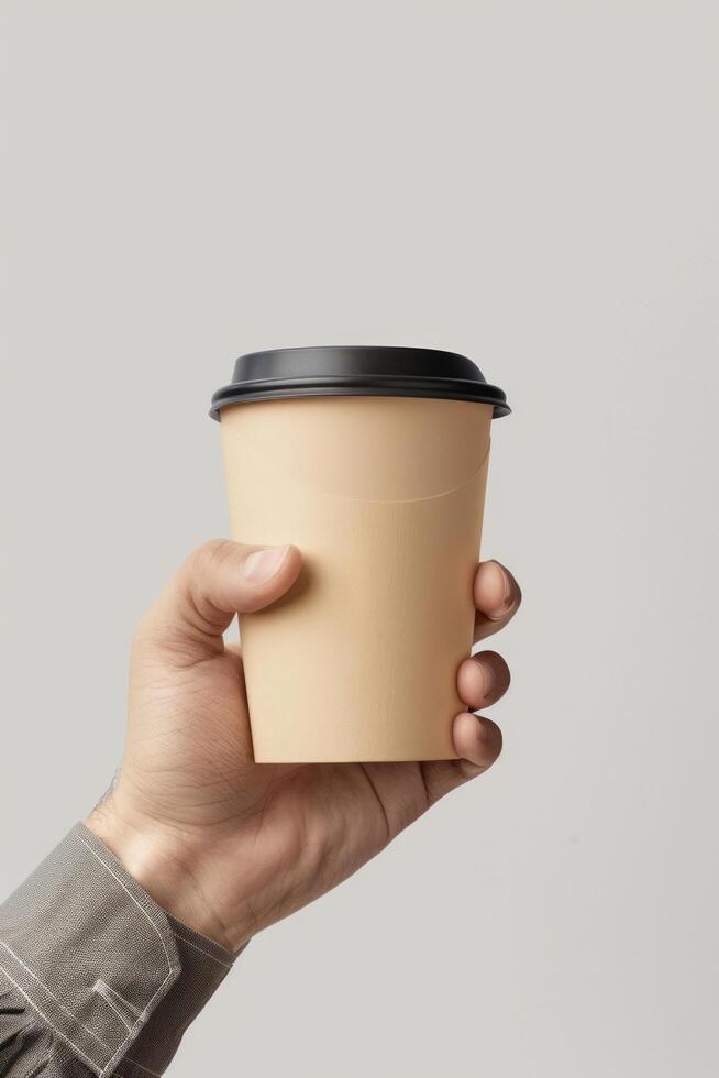 ai generiert Attrappe, Lehrmodell, Simulation von ein des Mannes Hand halten ein Papier Kaffee Tasse zum Mitnahme foto