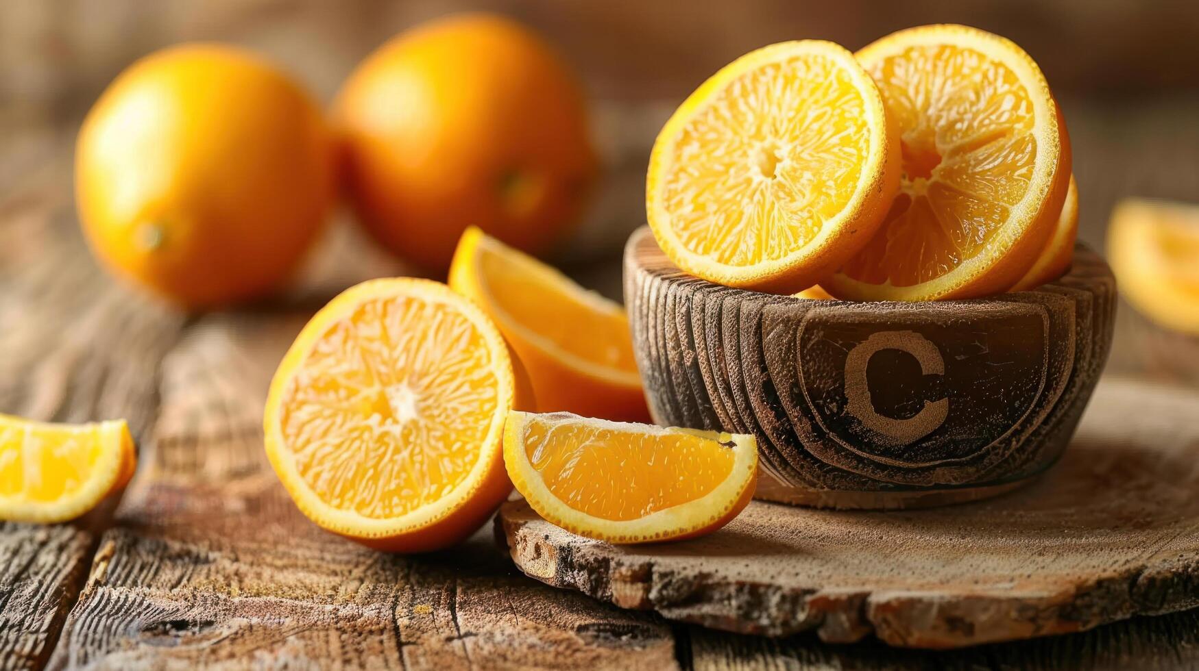 ai generiert Vitamin c angezeigt auf ein hölzern Tabelle foto