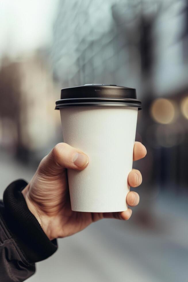 ai generiert Attrappe, Lehrmodell, Simulation von ein des Mannes Hand halten ein Papier Kaffee Tasse zum Mitnahme foto