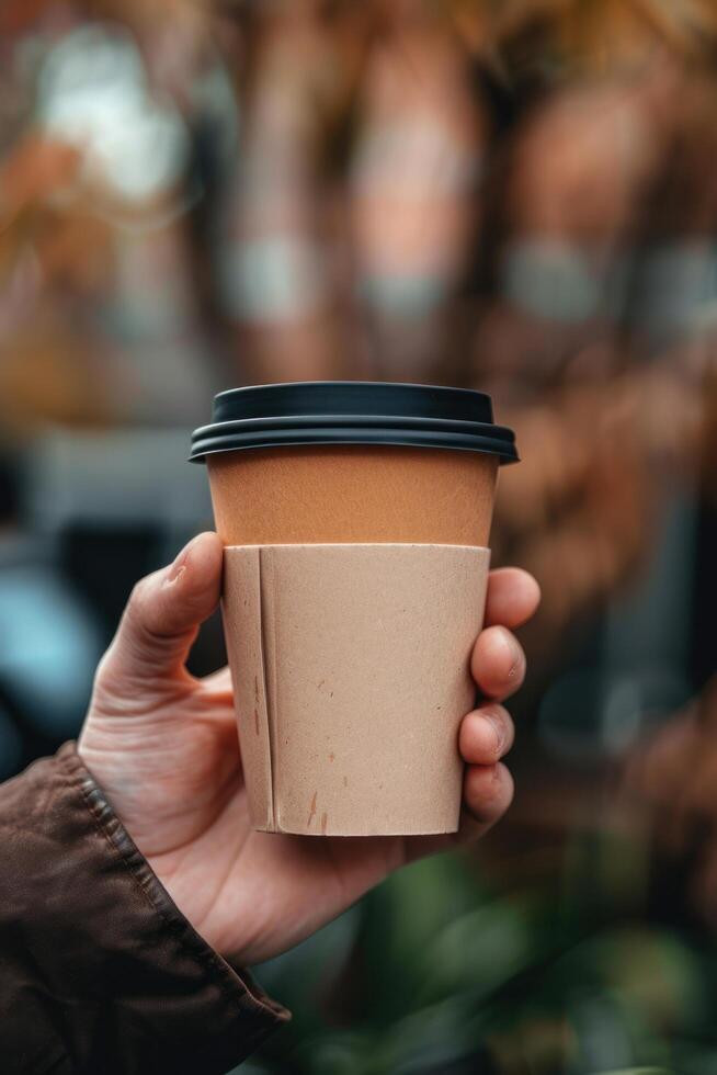 ai generiert Attrappe, Lehrmodell, Simulation von ein des Mannes Hand halten ein Papier Kaffee Tasse zum Mitnahme foto