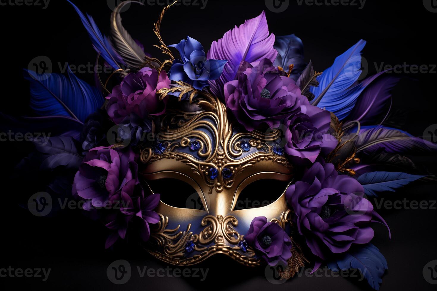 ai generiert ein lila Karneval gras venezianisch Maske mit Gefieder und Blumen auf ein schwarz Hintergrund foto
