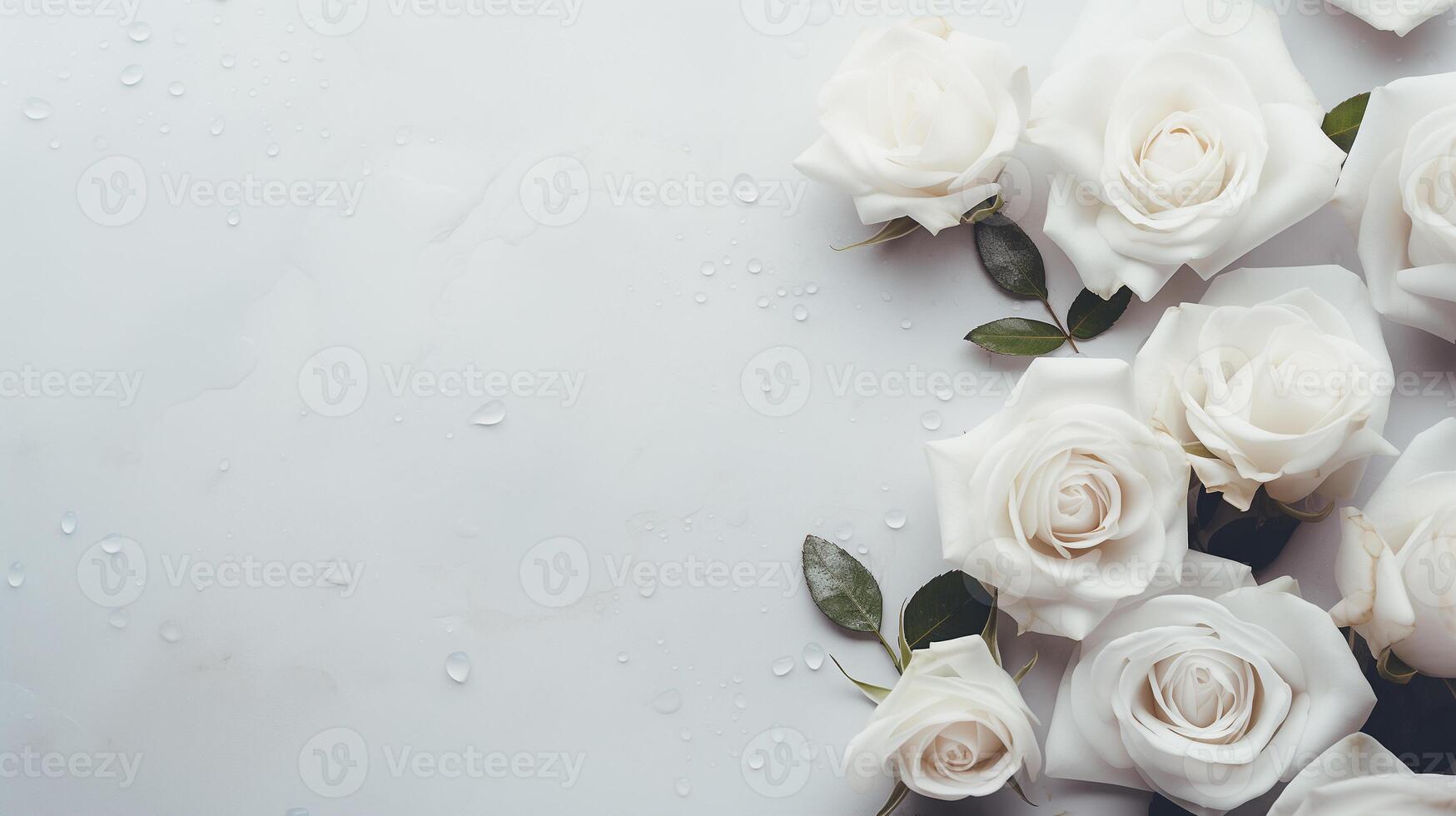 ai generiert Hintergrund mit Weiß Rose Blütenblätter, Blumen und Wasser Tropfen auf ein Beton Hintergrund. Liebe, Valentinstag Tag, International Damen Tag foto