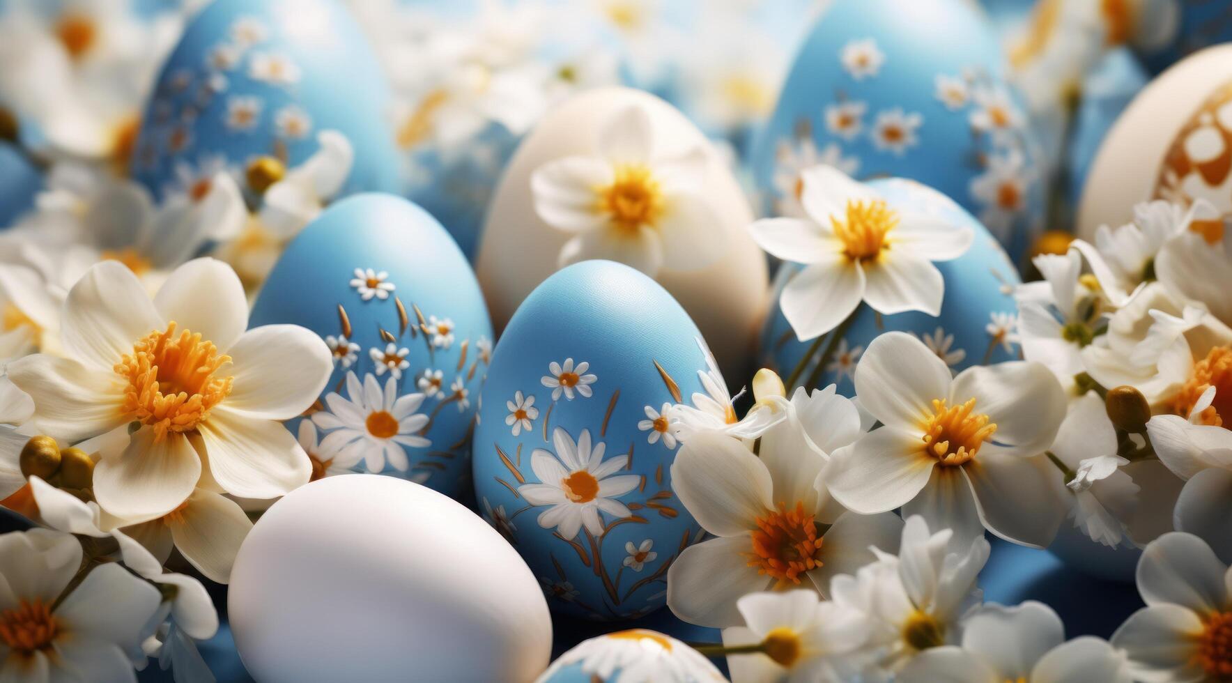 ai generiert bunt und Gelb Ostern Eier im ein Hintergrund von Blau und Weiß Blumen foto