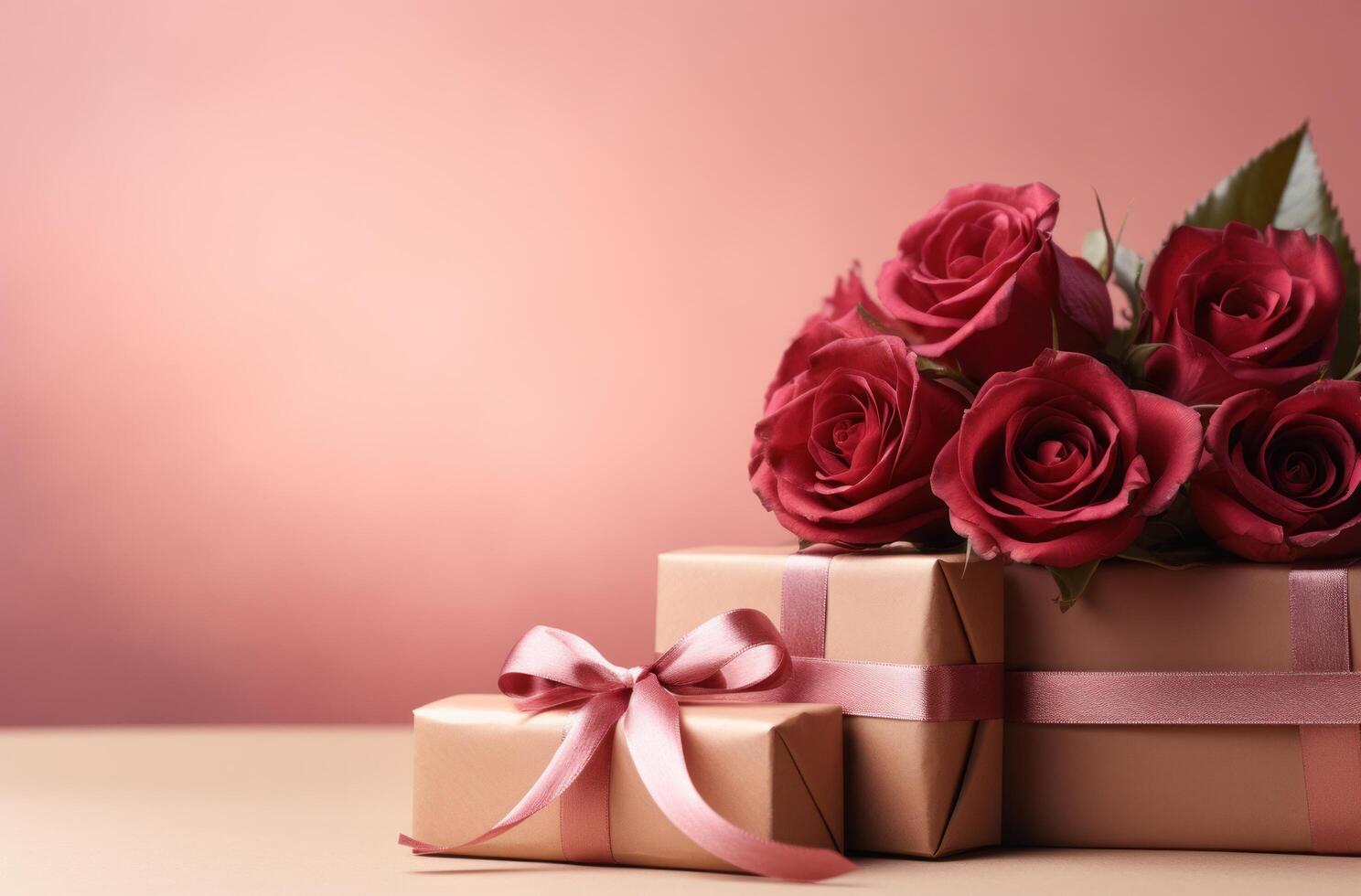 ai generiert Valentinsgrüße Tag die Geschenke auf warm Rosa Hintergrund mit ein Rose foto