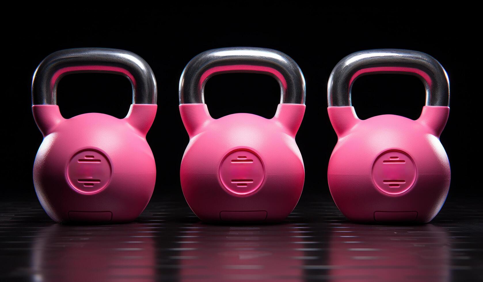 ai generiert drei Rosa Kettlebells auf schwarz Hintergrund foto