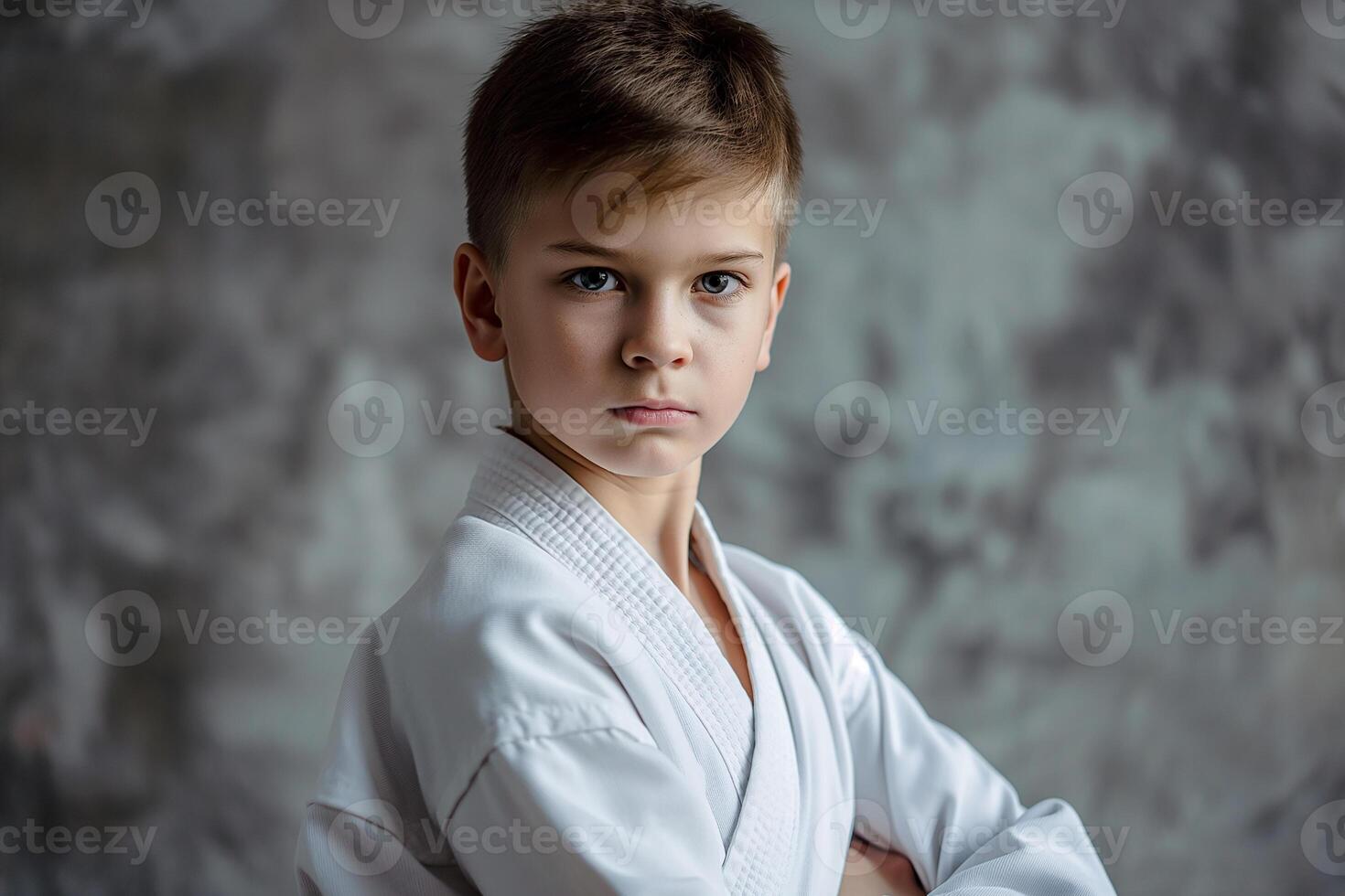 ai generiert Porträt von Junge im traditionell Kleider Ausbildung erfahren Karate Kämpfer Verein kriegerisch Kunst foto