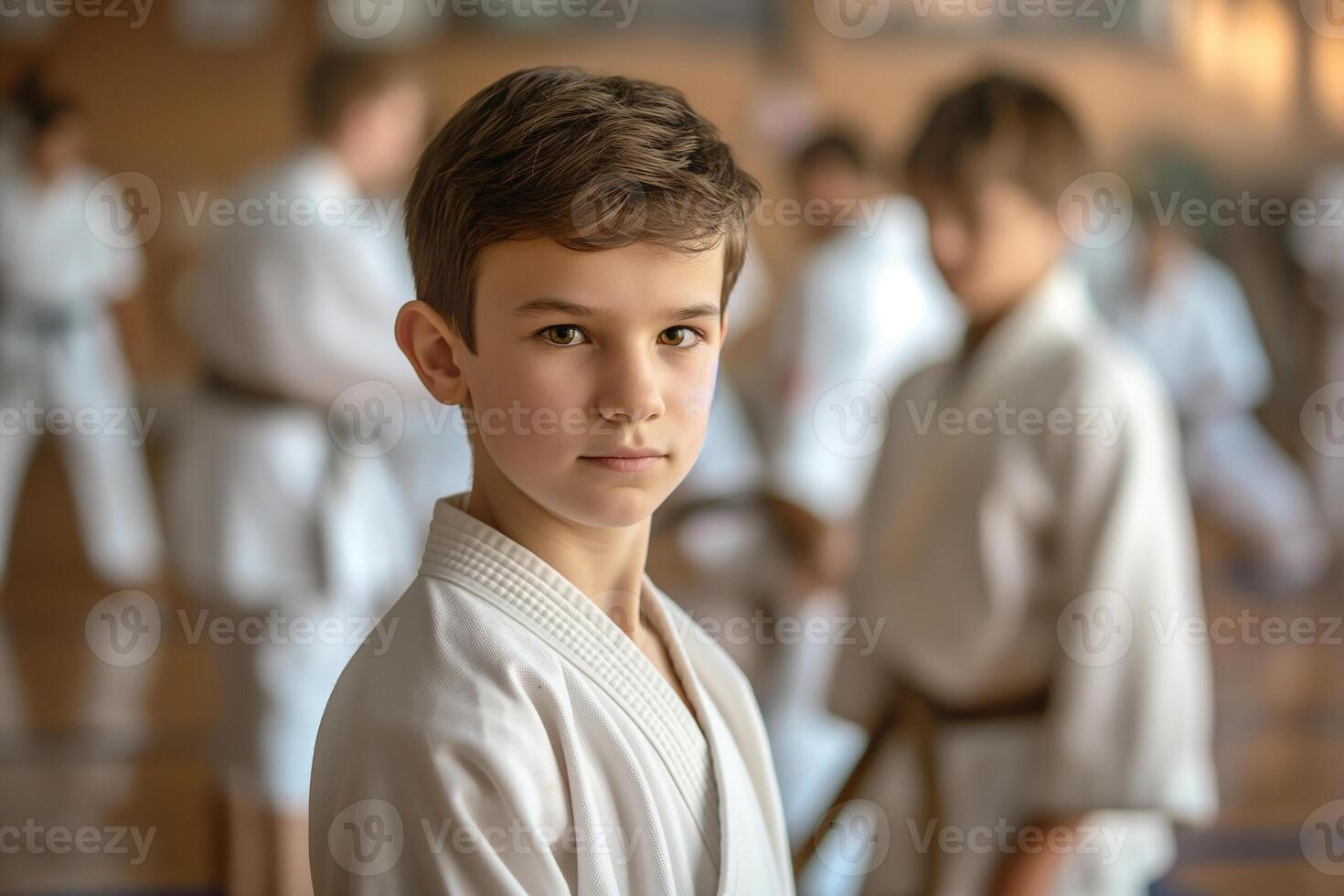 ai generiert Porträt von Junge im traditionell Kleider Ausbildung erfahren Karate Kämpfer Verein kriegerisch Kunst im das Ausbildung Zimmer mit das Teilnehmer im das Hintergrund foto