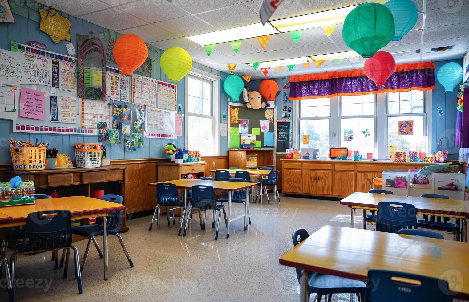 ai generiert bunt elementar Klassenzimmer mit dekorativ Laternen und lehrreich Plakate foto