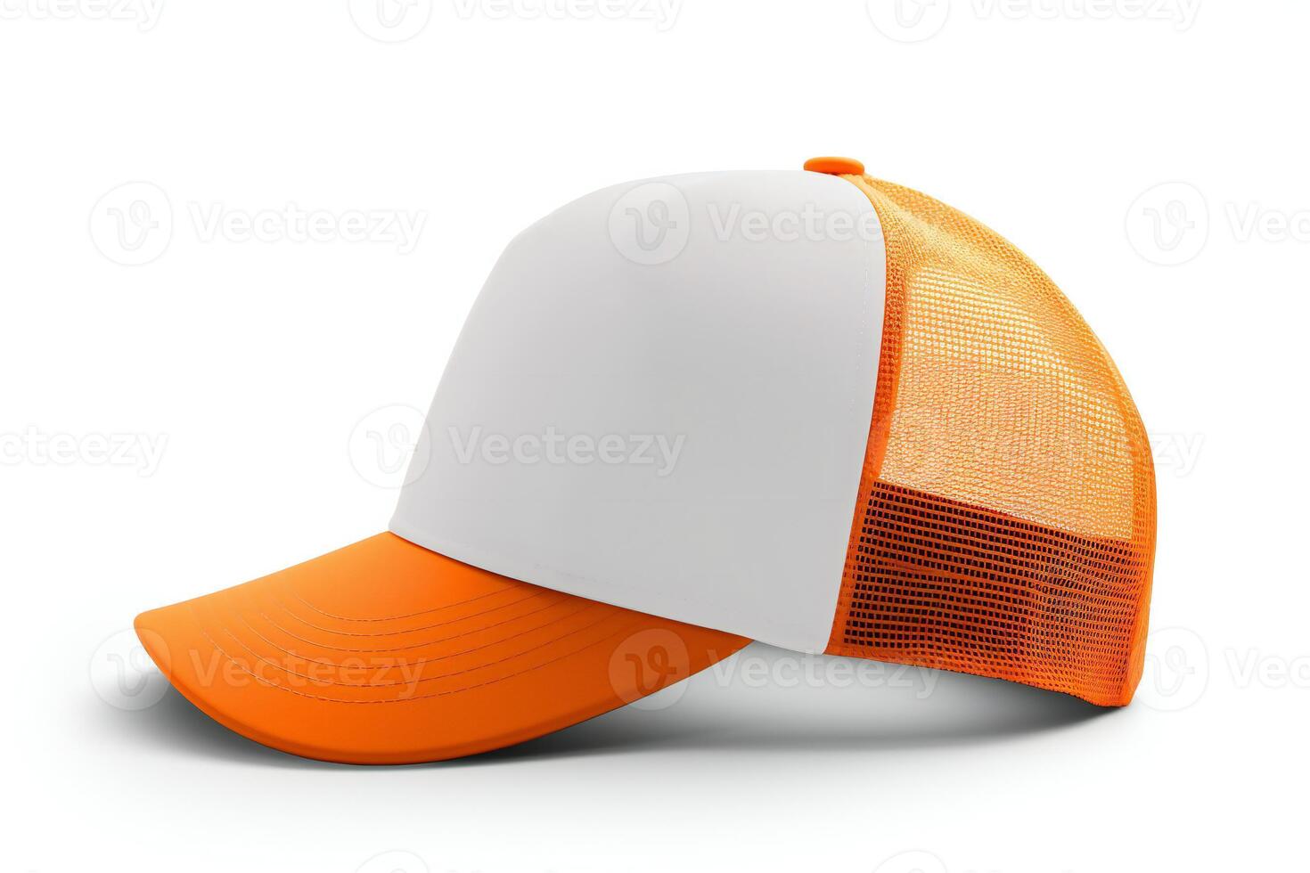 ai generiert Orange und Weiß Trucker Hut Attrappe, Lehrmodell, Simulation, Seite Aussicht foto