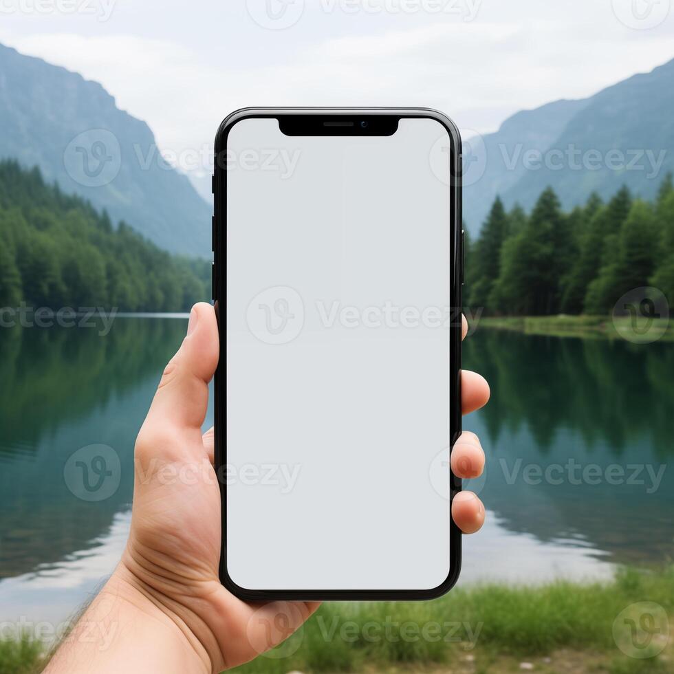 ai generiert Hand halten leer Weiß Bildschirm Smartphone auf Natur Hintergrund foto