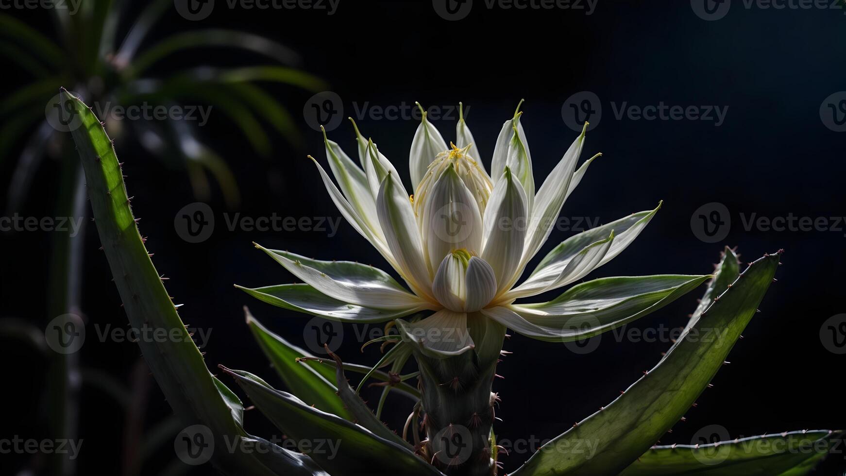 ai generiert ein berühren von Eleganz im das Schatten, ein Weiß Blume blüht inmitten Dunkelheit. foto