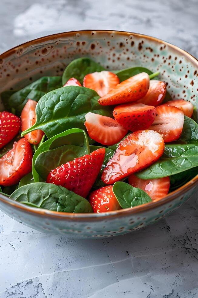 ai generiert Beere Glückseligkeit Medley Erdbeere und Spinat Salat Schnappschuss foto