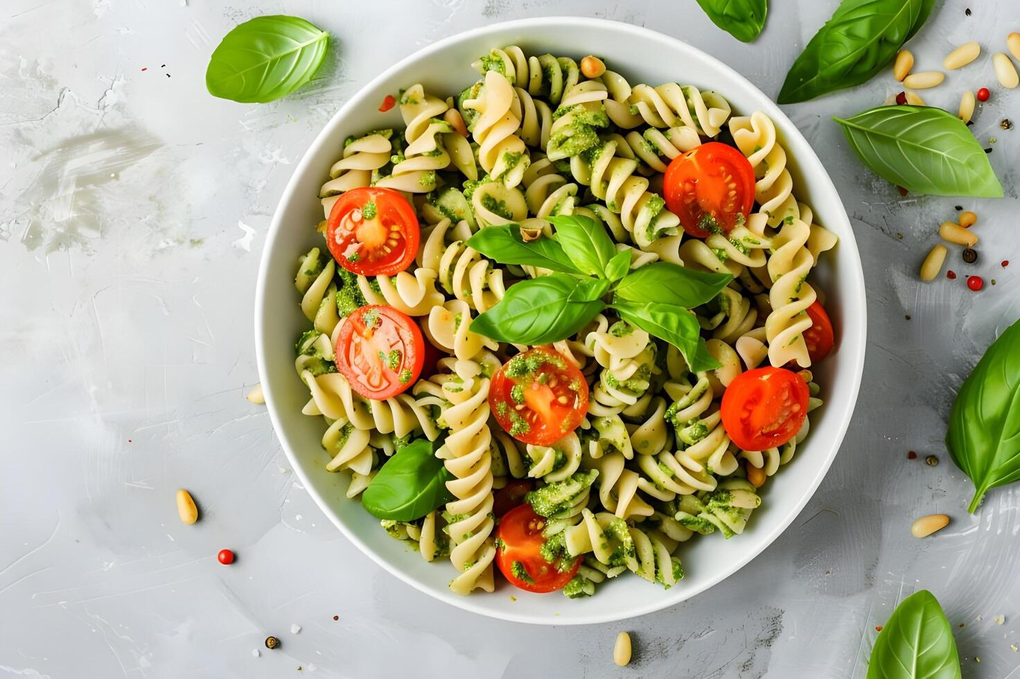 ai generiert Overhead Freude Pesto Pasta Salat Extravaganz foto