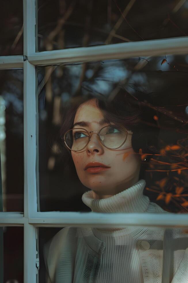 ai generiert Fenster von das Seele Frau im ein nachdenklich starren, psychologisch Banner foto