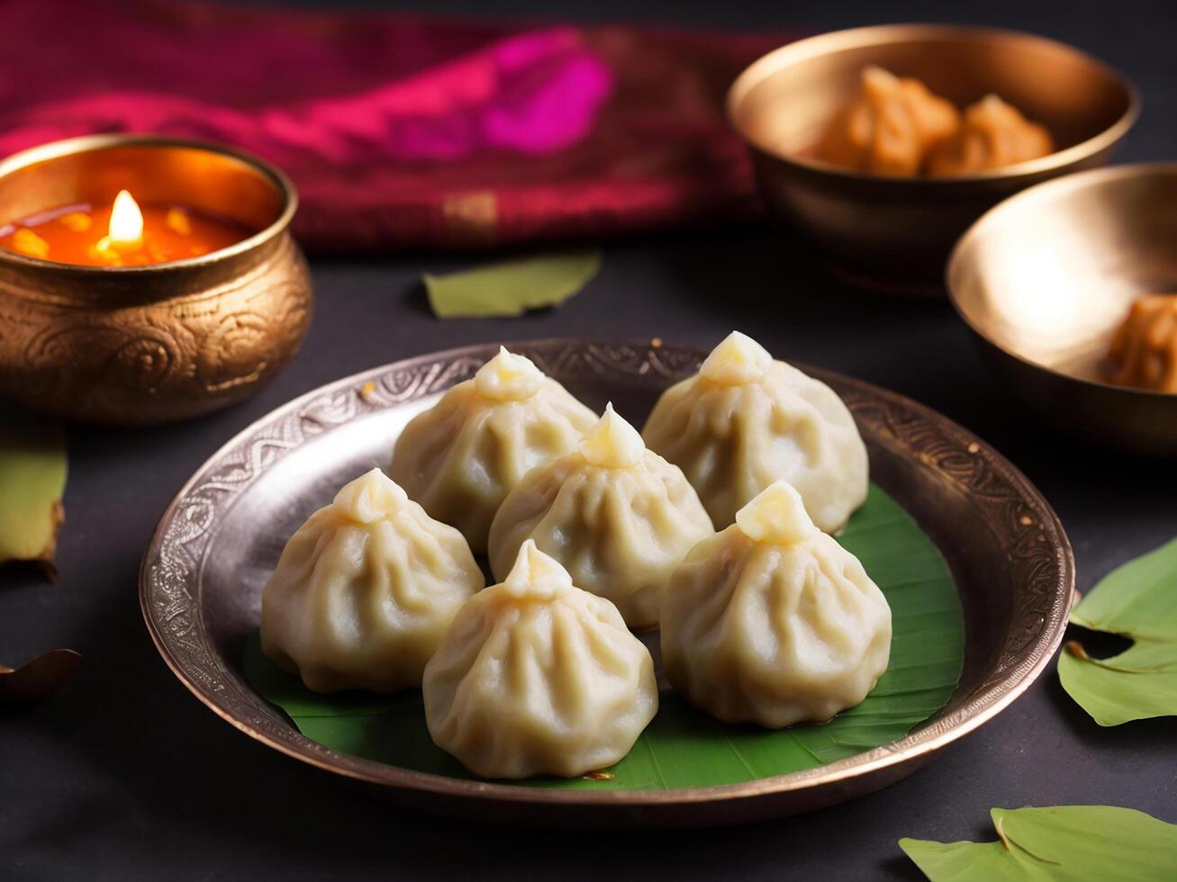 ai generiert modak ist ein indisch Süss Knödel angeboten zu Herr Ganapati auf Ganesh Chaturthi Festival foto