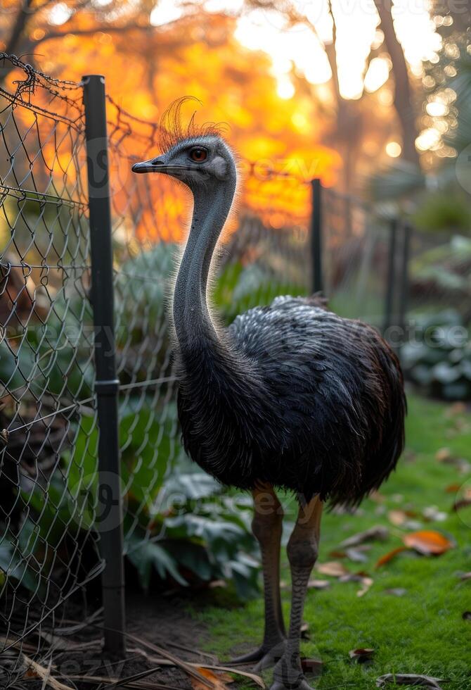 ai generiert Strauß Stehen im das Gras mit Zaun und Bäume im das Hintergrund foto