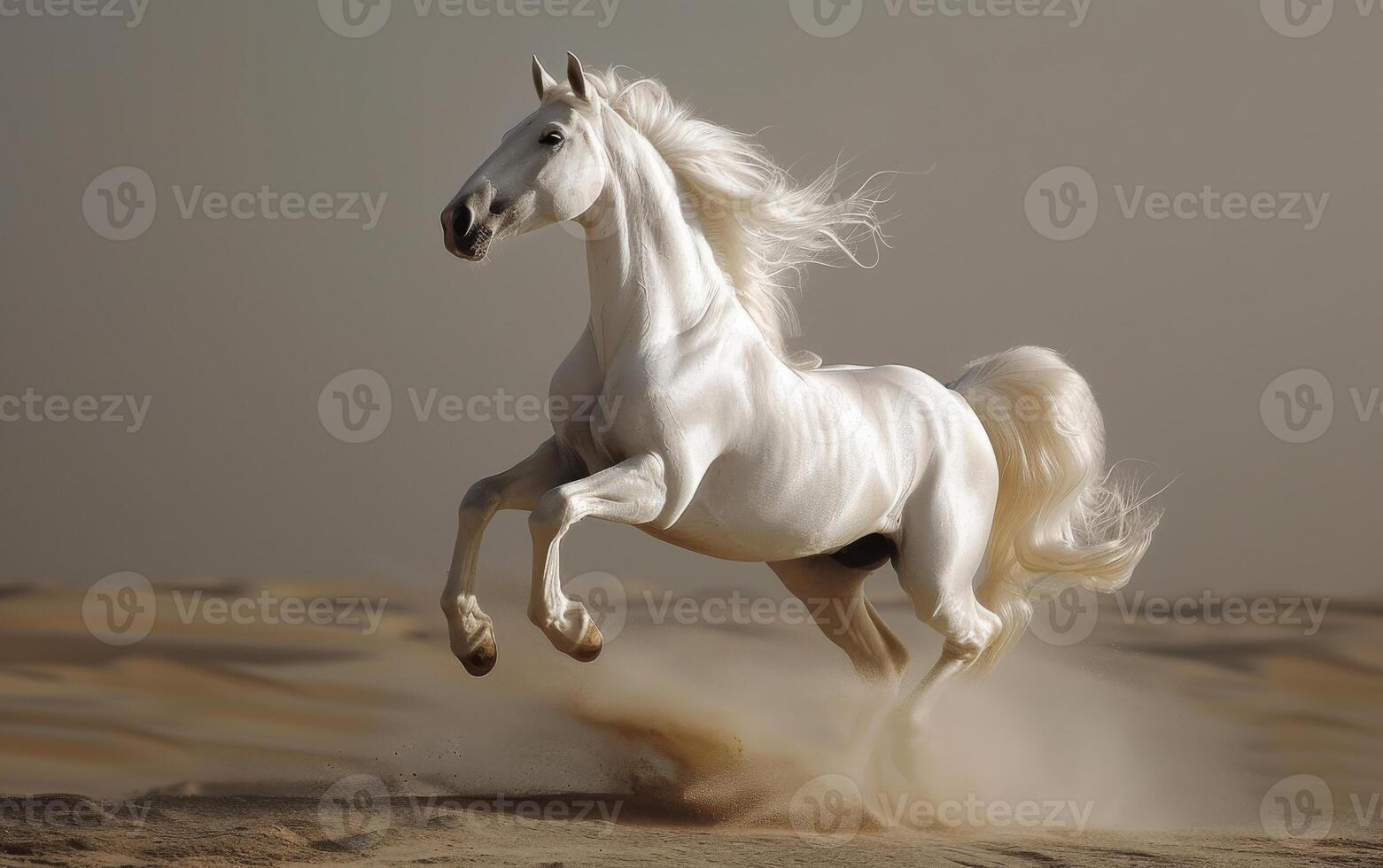 ai generiert Weiß Pferd Aufzucht oben im das Wüste foto
