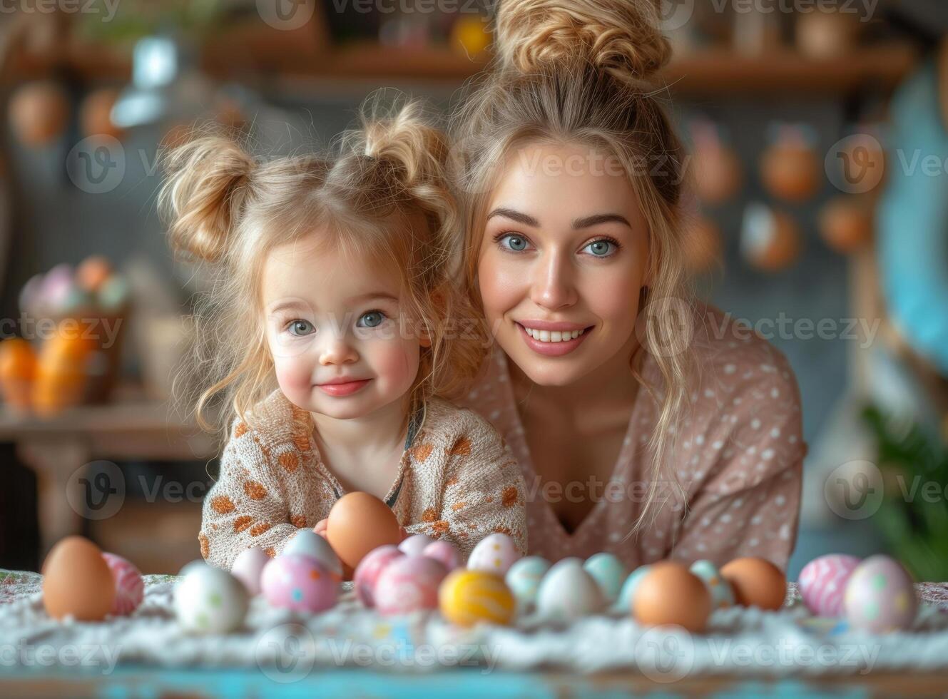 ai generiert Mutter und ihr Tochter sind Sitzung beim das Tabelle und suchen beim Ostern Eier. foto