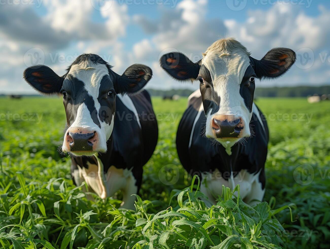 ai generiert zwei Kühe sind Stehen im Feld und suchen beim das Kamera foto