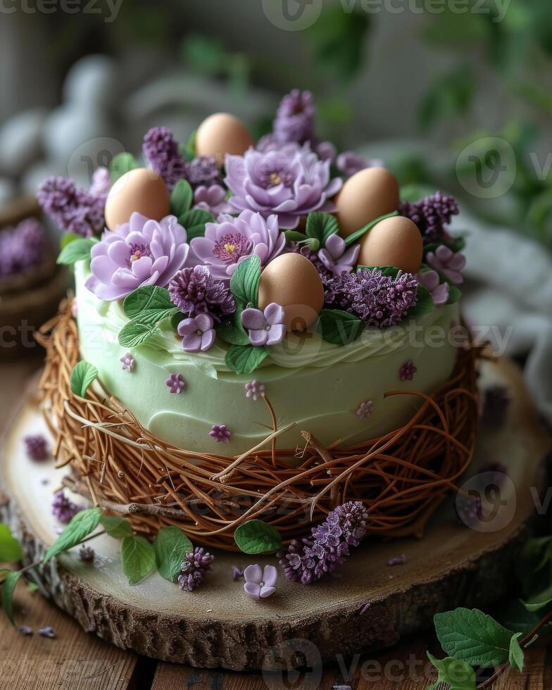 ai generiert Ostern Kuchen mit Blumen und Eier auf das hölzern Tabelle foto