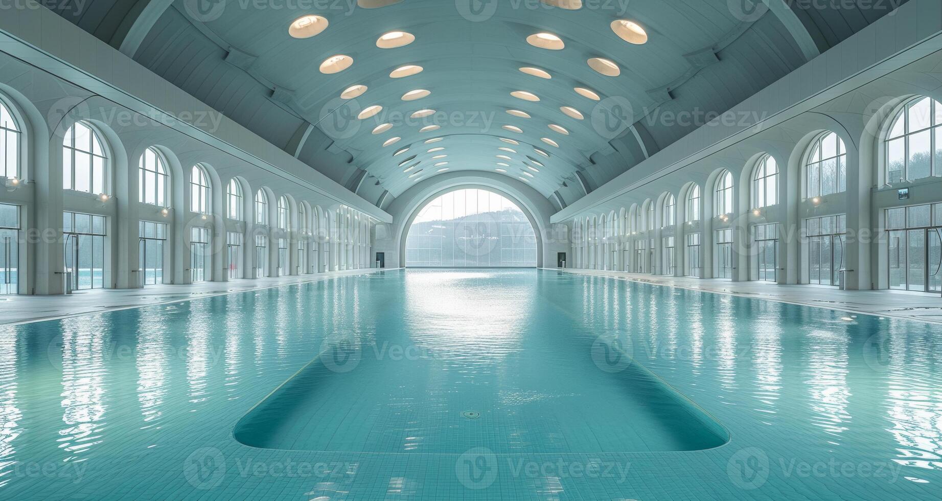 ai generiert Innen- Schwimmen Schwimmbad mit Glas Decke foto