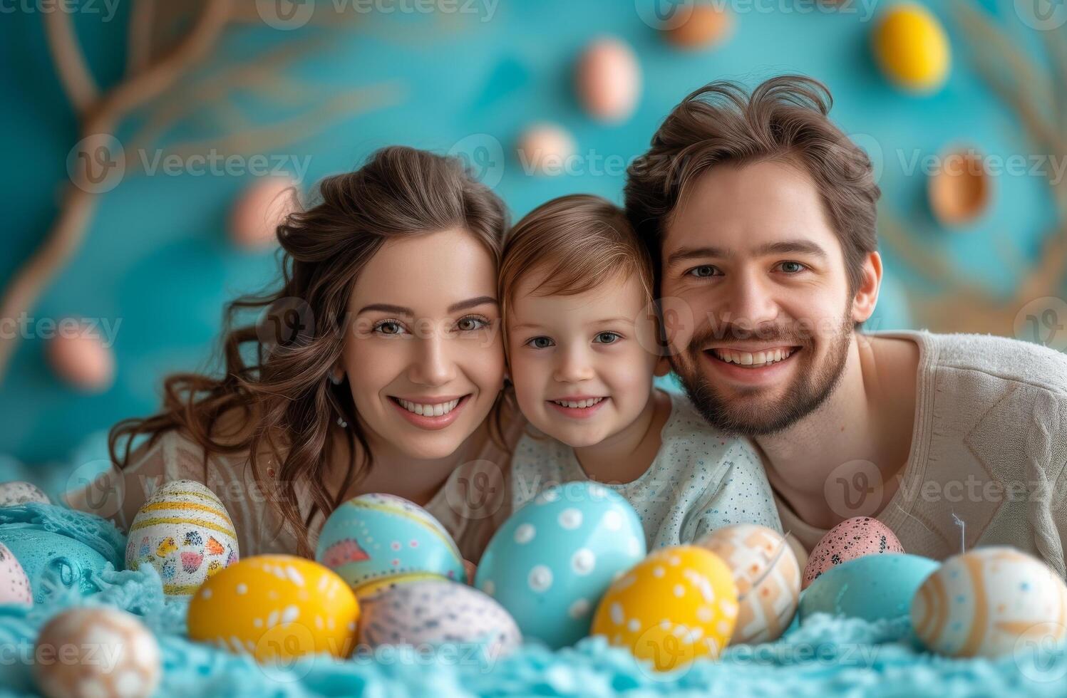 ai generiert glücklich Familie ist Lügen auf das Fußboden mit Ostern Eier. foto
