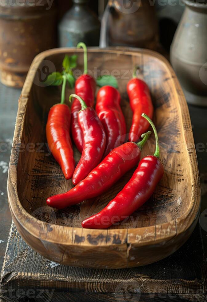 ai generiert rot heiß Chili Pfeffer auf hölzern Tablett foto