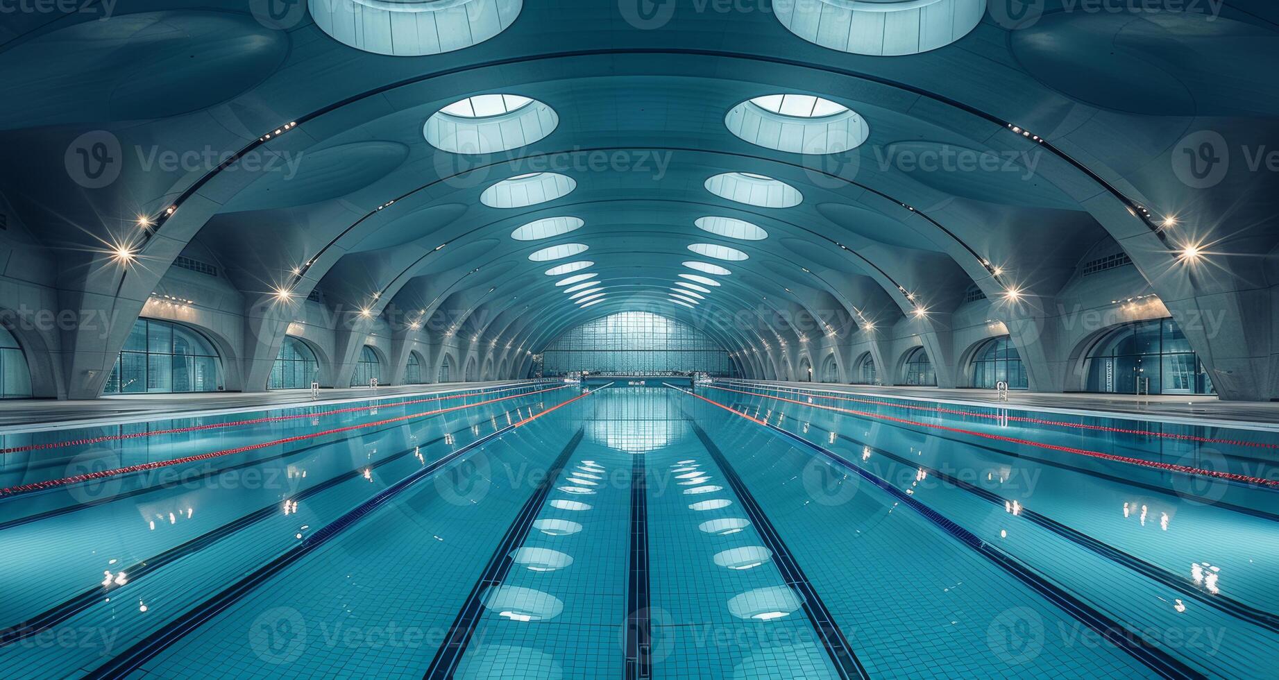 ai generiert Schwimmen Schwimmbad mit Blau Wasser und Decke mit runden Fenster foto