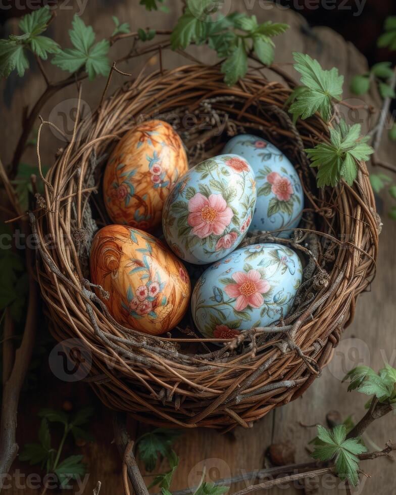 ai generiert Ostern Eier im Nest auf hölzern Hintergrund foto