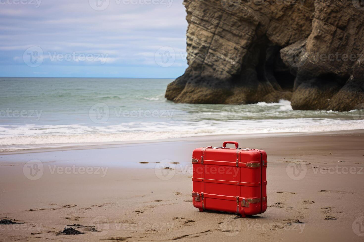 ai generiert tragbar rot Koffer Strand. generieren ai foto