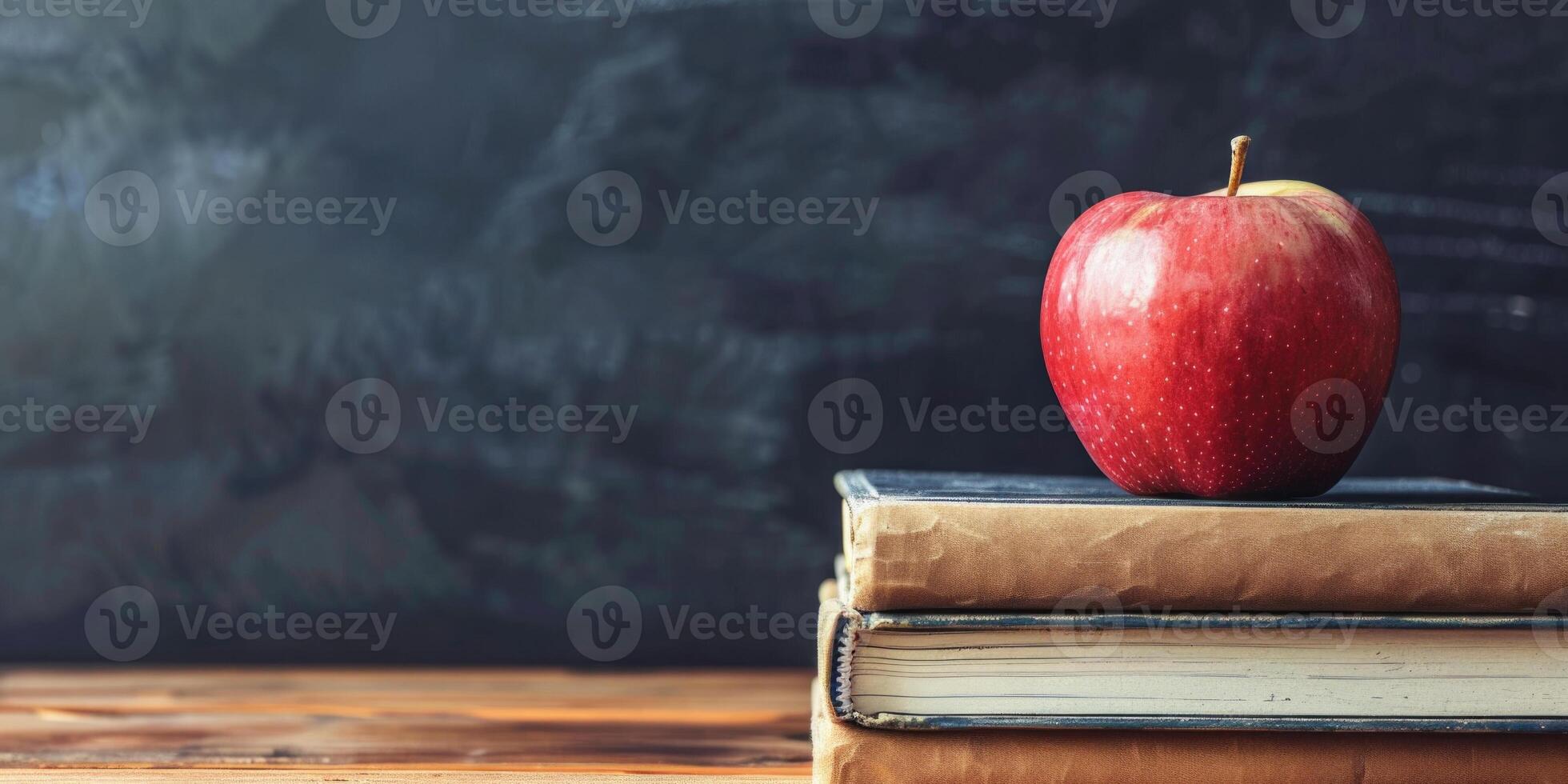 ai generiert Kreide Tafel mit Bücher und Apfel. Bildung Konzept Banner mit Kopieren Raum foto