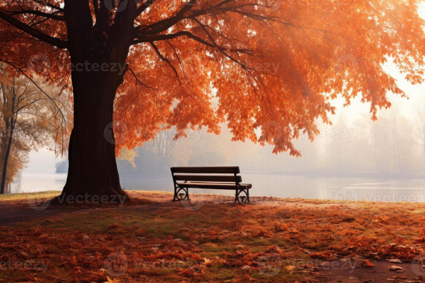 ai generiert geräumig Panorama- Herbst Park mit Bänke. generieren ai foto